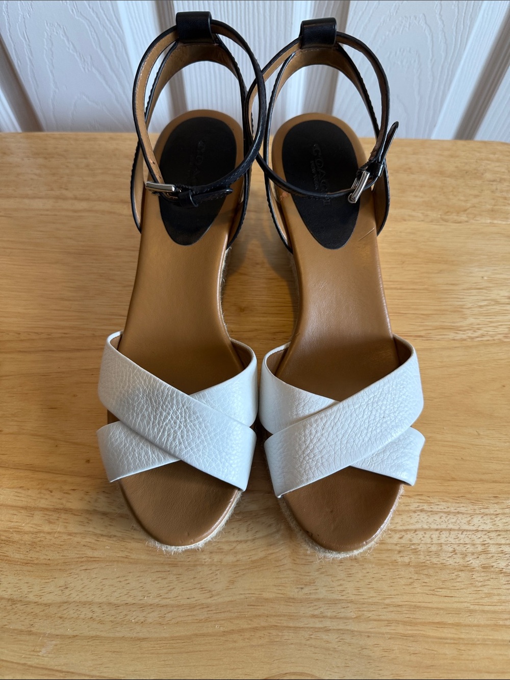 Coach White Cross-Strap Sandals with Black Ankle Strap